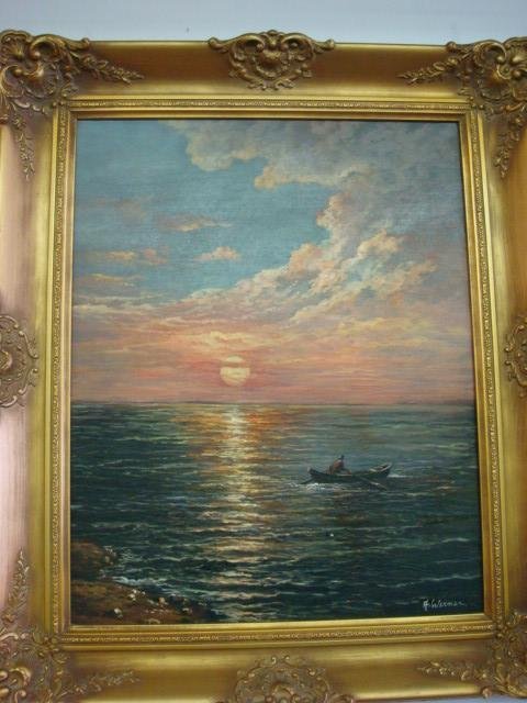 Rowboat at Sunset Oil on Canvas Signed A WERNER:: Rowboat at Sunset Oil on Canvas Signed A WERNER: Orange Setting Sun Casting Light Over Water. Firelike Glow to the Clouds. German Artist. 19" X 15" in 3" Gold Carved Gesso Frame. (200-300)
