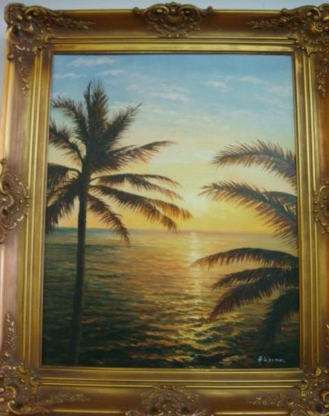 Oil on Canvas Palms at Sunset Signed A WERNER:: Oil on Canvas Palms at Sunset Signed A WERNER: Tranquil Scene of Twin Tropical Palms Over Ocean. Signed LR. Relaxing Painting Reminiscent of Florida. Highwaymen Style and Subject. Signed LR. Gilt Gess