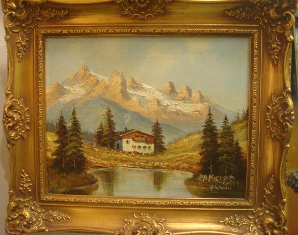 Bavarian Landscape Oil Signed A WERNER:: Bavarian Landscape Oil Signed A WERNER: Signed LR. Cabin Nestled on Lake at Foot of Mountains with Fir Trees. 12" x 9" Image in Pierced and Swagged Gold Frame. (100-200)