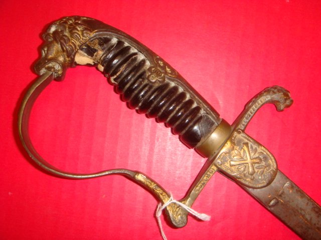PRUSSIAN Lion Head Field Artillery Officer's Sword:: PRUSSIAN Lion Head Field Artillery Officer's Sword: CA 1870's Prussian Lion Pommel on Artillery Officers Sword. 31" Narrow Blade. Crossed Cannons on Sword Breaker, English Style Guard with Lion Head T