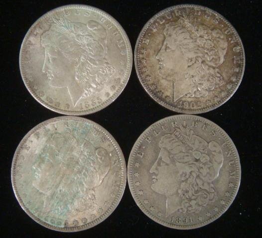 Four US 90% Pure Silver New Orleans MORGAN Dollars:: Four US 90% Pure Silver New Orleans MORGAN Dollars: Circulated, Various Conditions, 90% Pure Silver. 2 x 1885O (One is AU 50), 1891O, 1901O. (140-200)