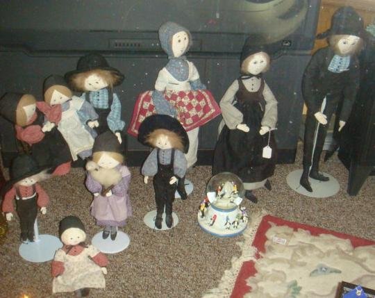 Ten P. Buckley Moss Amish Cloth Dolls:: Ten P. Buckley Moss Amish Cloth Dolls: Limited Edition, Lancaster Edition, Signed and Numbered Dolls, Circa 1986. Largest Folk Art Doll is 25" Benjamine. Minor Damage. (200-300)