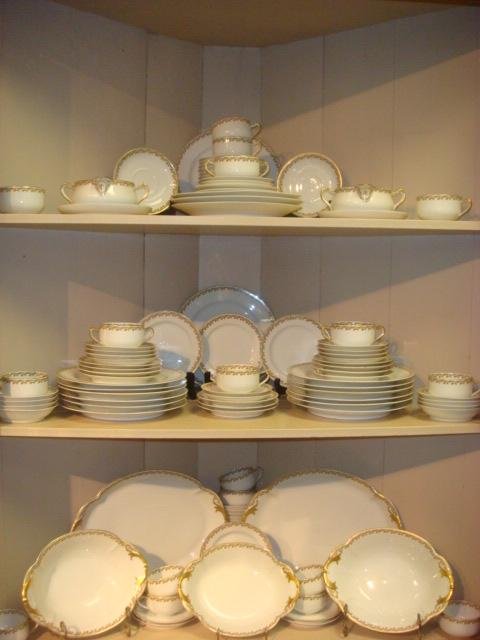 Haviland Limoges France 100+ Pieces Dinnerware:: Haviland Limoges France 100+ Pieces Dinnerware: Decorated by Haviland & Co. Pink Flowers with Green Scroll Leaves, Gold Trim. 16 Dinner and 12 Bread Plates, 25 Saucers, 13 Cups, 5 Double Handled Soup 