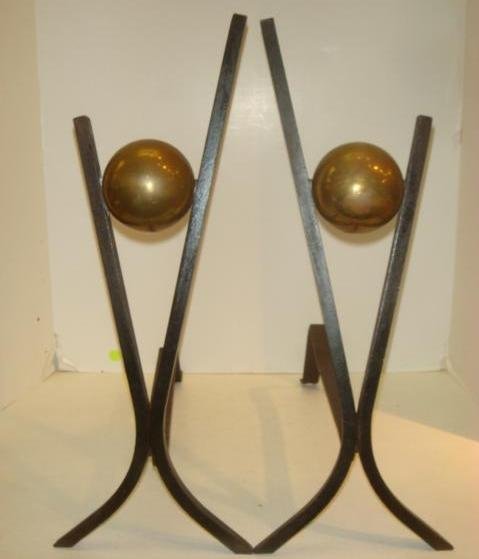 Art Deco Brass and Iron Andirons:: Art Deco Brass and Iron Andirons: Forged Iron Rods with Brass Balls Between Them. 19"T. (300-400)