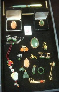 Ladies and Men's Jade and Coral Jewelry:: Ladies and Men's Jade and Coral Jewelry: 4 Tie Tacks, 3 Charms, Coral Floral Pendant with Matching Size 8 Ring, Etched Jade Pendant, coral and Pearl Pin, 2 Cuff Link Sets in Gold and Silver Tones.
