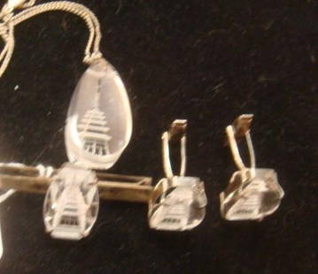 Clear Rock Crystal Reversed Carved Jewelry:: Clear Rock Crystal Reversed Carved Jewelry: Cufflinks, Tie Clip and Pendant with Japanese Pagoda Carved From Back with Smooth Front to Appear 3 Dimensional. Tie Bar Stamped "Silver" as is 15" Chain.