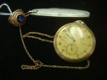 ELGIN 10KTGF Watch and 10kt Gold School Ring:: ELGIN 10KTGF Watch and 10kt Gold School Ring: 17 Jewel, Serial Number Dates it to 1938, Open Face Movement, Pendant Wind and Set Second Hand. Chain with Pen Knife Fob. Rough Face, Plastic Replacement