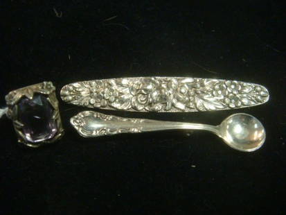 Sterling Silver Bar Pins and Silver Ring:: Sterling Silver Bar Pins and Silver Ring: 3" Embossed Floral Pin and 2 1/2" Salt Spoon Pin. 3 1/2 Cocktail Ring with Lilac Emerald Cut Spinel Mounted in Detailed Setting with Foliage Extending Down