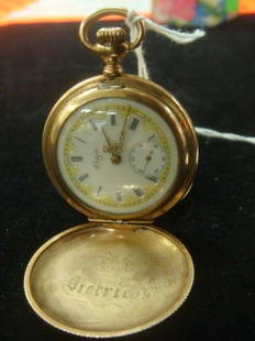 Ladies ELGIN 1907 14KT Gold Case Pocket Watch:: Ladies ELGIN 1907 14KT Gold Case Pocket Watch: Initialed Etched Essex Case with Inset Diamond. Grade 320, 7 Jewels. Decorative Enamel Dial with Gilt Hands. (400-600)