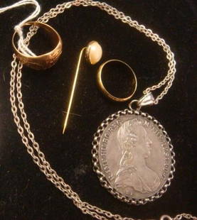 1780 Maria Theresa Coin, Mobe Pearl Pin, 2 Rings:: 1780 Maria Theresa Coin, Mobe Pearl Pin, 2 Rings: Re-strike Coin Marked SF. Used as Trade Dollar in Middle East. Always Dated 1780. Pearl Stickpin in Round Goldtone Spoke Setting. 585 Gold Man's