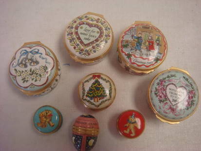 Nine HALCYON DAYS Enamel Trinket and Pill Boxes:: Nine HALCYON DAYS Enamel Trinket and Pill Boxes: Includes 1989 and 1990 Valentines, 1985 Christmas, Wedding, Christmas Tree and 2 Teddy Bear Pill Boxes and 1 1/2" Egg "May all Your Dreams Come True".