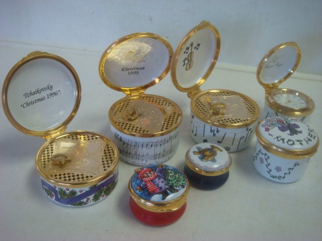 ALASTOR, CARTIER & Smithsonian Enamel Trinket Boxes:: ALASTOR, CARTIER & Smithsonian Enamel Trinket Boxes: Includes Christmas Bear, Mothers Day, Nutcracker 1996, Hark the Herald 1995 and Musical Instrument Musical Boxes, 1 1/4"T Box with Quartz Clock, Gi