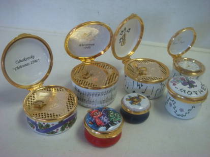 ALASTOR, CARTIER & Smithsonian Enamel Trinket Boxes:: ALASTOR, CARTIER & Smithsonian Enamel Trinket Boxes: Includes Christmas Bear, Mothers Day, Nutcracker 1996, Hark the Herald 1995 and Musical Instrument Musical Boxes, 1 1/4"T Box with Quartz Clock,