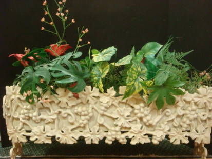 Fancy Cast Iron Outdoor Planter:: Fancy Cast Iron Outdoor Planter: Grapevine Pattern Painted White. 14"T, 33" x 9" (80-120)