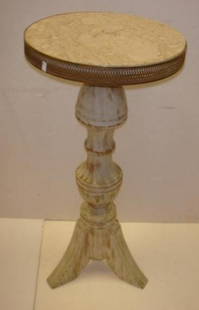 Round French Painted Marble Top Candle Stand:: Round French Painted Marble Top Candle Stand: Metal Mesh Around Side of Marble Top. Turned Pedestal to 3 Sloping Legs. Painted White with Gold Accents. 31"T, 14 1/2"D. (100-200)