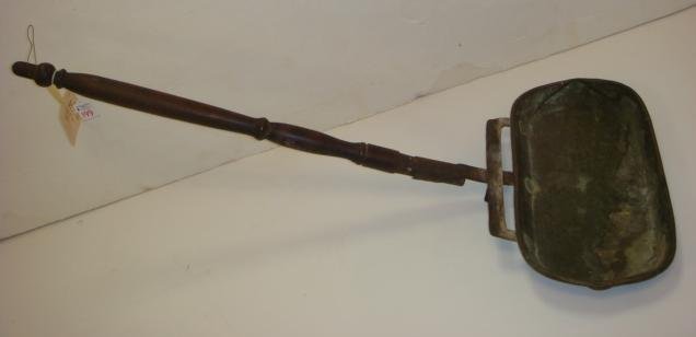 19th C. Brass French Brick Warming Pan:: 19th C. Brass French Brick Warming Pan: From French Alps Early 1800's. Wooden Handle Used to Move up and Down Between Covers to Warm or Dry Linens. (200-400)