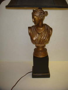 Gilt Wood Lamp, Bust of Greek Goddess Aphrodite:: Gilt Wood Lamp, Bust of Greek Goddess Aphrodite: Black Silk Shade. Also Known as Venus de Milo. Black Pedestal Base with Bust on Turned Pedestal (Shrink Crack). Needs New Bulb Sockets. (80-110)