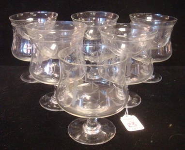 Set of 6 Glass Shrimpers with 5 Inserts:: Set of 6 Glass Shrimpers with 5 Inserts: 5"T Stems with Etched Bamboo Pattern (1 with Rim Chip). 5 with Glass Inserts. (40-60)