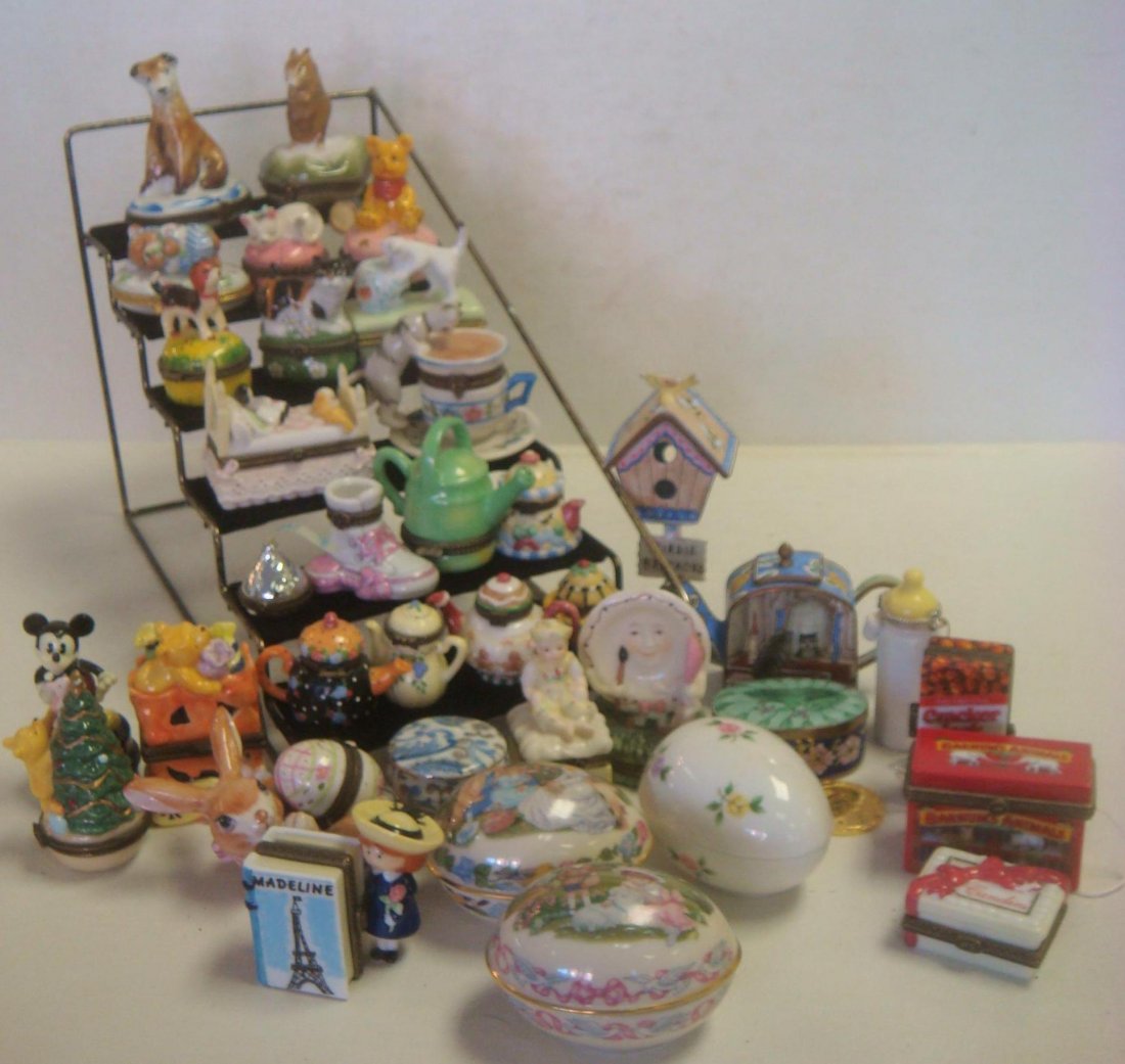 Collection of 38 Ceramic & Enameled Trinket Boxes:: Collection of 38 Ceramic & Enameled Trinket Boxes: Includes Limoges, Disney, Madam Alexander, Nabisco, Lenox Eggs and Unmarked with 3 Enameled Boxes, One with 24KT on Sterling Mothers Day Necklace. (1