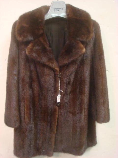 KRIEGSMAN Mahogany Mink Stroller:: KRIEGSMAN Mahogany Mink Stroller: 2 Button with Double Breasted Notched Wing Collar. 22" Sleeves, 33" Shoulder to Hem. On Seam Slash Pockets, 1 Eye Hook. Silk Lining with Embroidery, No Initials. Tear