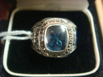 Palladium US Army Quartermaster Ring:: Palladium US Army Quartermaster Ring: Men's Ring has Sword and Follow Me D247 On One Side and Franklin on the Other. Crossed Fork and Spoon Under Pale Blue Stone. Tested Palladium. Some Wear. 