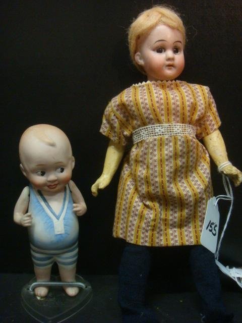 GEBRUDER COMPOSITION and NIPPON Style Dolls:: GEBRUDER COMPOSITION and NIPPON Style Dolls: 10" Tall, Mohair Wig, Marked On Neck German DEP, Pate. CA 1910, 6" Tall. Bisque Boy Bather, Googly Face, Molded hair Painted Brows, String Jointed Arms, Pa