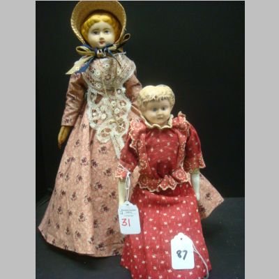 M&S SUPERIOR PAPIER MACHE & METAL Head Dolls:: M&S SUPERIOR PAPIER MACHE & METAL Head Dolls: Repainted, Replaced Hands & Feet, Label On Shoulder #2015, 14"T. German Blonde Metal Head Has Scuffs On Hair, Original Leather Body & Clothes. 11"T. (100-