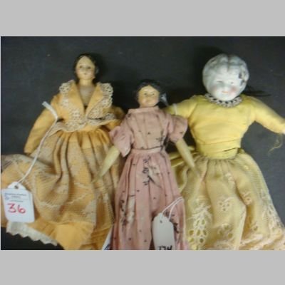 TWO COMPO HEAD & China Head Dolls:: TWO COMPO HEAD & China Head Dolls: 7"T Has Wooden Arms & Legs, Original Clothes, One Leg Pinned On, Should & Head Apart. China Head Has Grey Hair (originally black) Papier Mache Hands, China Feet, Rep