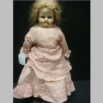 WAX OVER PAPIER MACHE Doll:: WAX OVER PAPIER MACHE Doll: Mohair Wig, Composition. Arms, Sleep Eyes, Plaster Legs. Some Cracking On Face. 14"T (100-200)