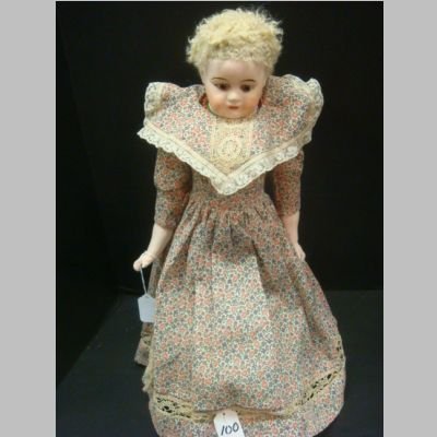 PAPIER MACHE German Doll:: PAPIER MACHE German Doll: Curacil Fur Wig, Set Glass Eyes, Cloth Body, Open Mouth, New Limbs, 22"T. (300-400)