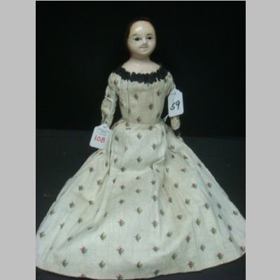 ENGLISH WAX OVER PAPIER Mache Doll:: ENGLISH WAX OVER PAPIER Mache Doll: Original Body, Leather Arms, Missing Hands, Cloth Feet, Slit In Head. Cir 1850 16"T (400-600)