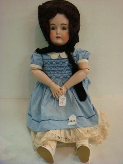 KESTNER Bisque Head German Doll:: KESTNER Bisque Head German Doll: Mold 171, Socket Head, Raised Feather Brows, No Lashes, Stationary Glass Eyes, Red Dots in Corner of Eyes, Open Mouth With 6 Teeth. 27"T (300-400)