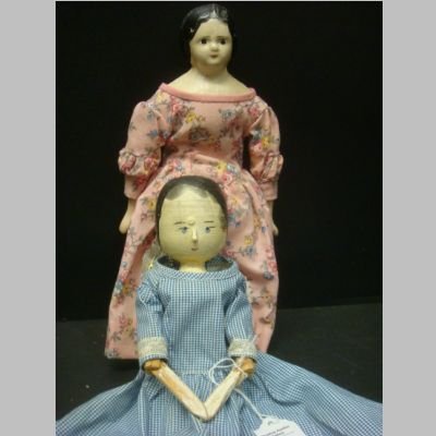 2 PRIMITIVE Papier Mache Compo & Wooden Dolls:: 2 PRIMITIVE Papier Mache Compo & Wooden Dolls: Cloth Body w/Porcelain Limbs, 10"T. Jointed Penny Wooden Doll, Handpainted Features, 11"T. (100-200)