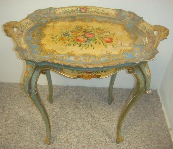 French Louis XV Hand Painted Tray Top Bed Table:: French Louis XV Hand Painted Tray Top Bed Table: Lift off Double Handled Tray Top with Central Floral Frieze of Hand Painted Colorful Bouquet. Painting repeated on Border as well as Table Top Under Tr
