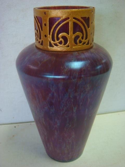Czech Bohemian/LOETZ Art Glass Vase with Collar:: Czech Bohemian/LOETZ Art Glass Vase with Collar: Mottled, Shouldered Vase has Art Nouveau Gilded Metal Collar. Polished Rim. 8"T. (300-600)