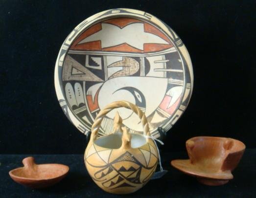 Early 20th C ACOMA American Indian Pottery:: Early 20th C ACOMA American Indian Pottery: Double Bird Head Basket Marked Acoma N.M. is 6"T. Unmarked 10 1/2"Polychrome Rimmed Bowl. Hairline Crack Rim Chip. Two Red Clay Vessels are 2"T and 1 1/2"T.
