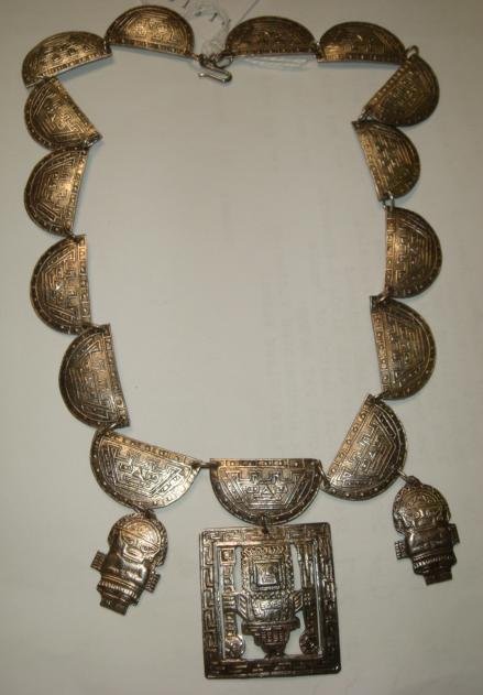 Peruvian Mid Century 925 Sterling Necklace:: Peruvian Mid Century 925 Sterling Necklace: Handcrafted, 15 Semi-Circular Handcut Panels Connected with O Rings. Center Square Drop with Creator God Viracocha Flanked by 2 Inca Deities of Apu the Sun 