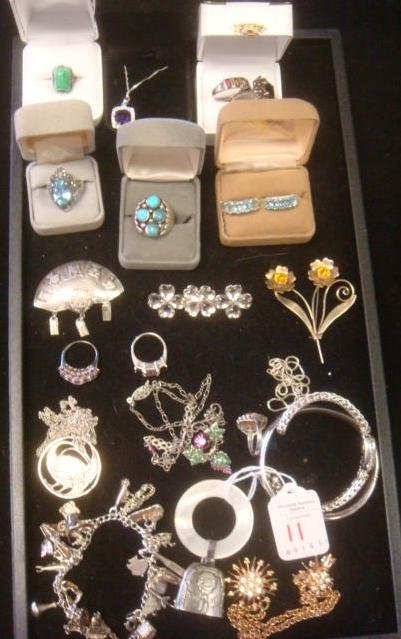 Sterling, Marcasite, and Stone Set Jewelry:: Sterling, Marcasite, and Stone Set Jewelry: Winard Bangle, 1923 Teething Ring, 925 Silver Rings with Colored Stones, Sweater Clips, Sterling Dogwood Pin, Signed JK Turquoise Ring. (100-200)