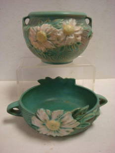Two ROSEVILLE PEONY Bowls:: Two ROSEVILLE PEONY Bowls: One With Double Handles, Both Floral Arrangements in Pink With Green Leaves on Textured, Shaded Background of Green. #428-6" Has Repair to Leaves; Cir. 1942 #661-5" Cir