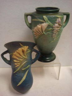 Green Ground ROSEVILLE FREESIA Vase and Wall Pocket:: Green Ground ROSEVILLE FREESIA Vase and Wall Pocket: Double Handle Pale Yellow & Pale Purple Freesias on a Tropical Green, Light to Dark Base. #121-8", Cir. 1945. Blue Wall Pocket w/ Yellow Freesia,