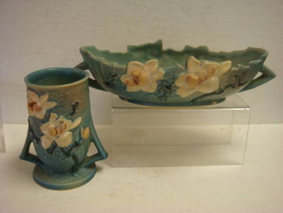 ROSEVILLE MAGNOLIA Bowl and Vase:: ROSEVILLE MAGNOLIA Bowl and Vase: White Blossoms on Black Stems, Textured Background of Blue. Bowl Has Crack on Bottom; Minor Chips, Glaze Flaw on Rim) #449-10", Cir. 1943. Vase #87-6, Cir. 1940's.