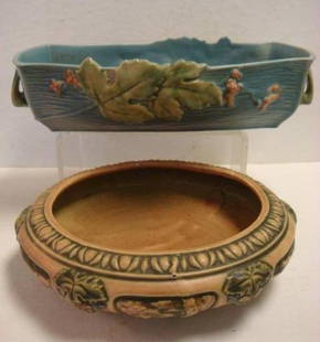 ROSEVILLE FLORENTINE & BUSHBERRY Bowls:: ROSEVILLE FLORENTINE & BUSHBERRY Bowls: Florentine Bowl has Brown Bark Textured Panels Alternating w/ Perpendicular Stripes, Embossed w/ Cascades of Leaves & Berries. (2 small Chips Near Rim) 8 1/2"