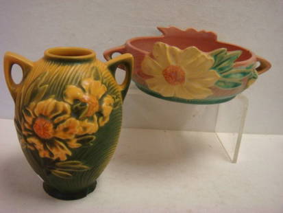 ROSEVILLE PEONY Bowl and Vase:: ROSEVILLE PEONY Bowl and Vase: Bowl Has Yellow Floral Arrangement w/Green Leaves on Textured Shaded Background in Pink & Green. Repaired "V" Shaped Crack Near Handle; Some Crazing, #428-6. Vase Also