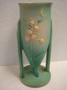 ROSEVILLE IXIA Vase: Delicate Floral Cluster on: ROSEVILLE IXIA Vase: Delicate Floral Cluster on Stem, Shaded Background Color of Green. #861-10", Has Been Repaired. Cir. 1930's (80-150)