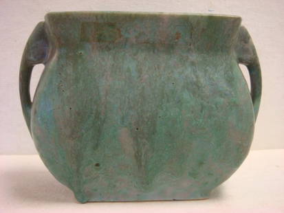 ROSEVILLE CARNELIAN Vase:: ROSEVILLE CARNELIAN Vase: Unmarked, Double Handled Vase With Blue, Green, Purple Marbled Color With Matte Finish. 5", Cir. 1910-1915. (75-125)