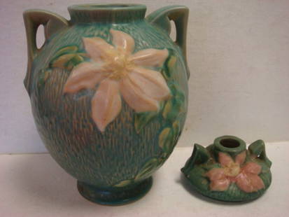 ROSEVILLE MAGNOLIA Vase & CLEMATIS Candleholder:: ROSEVILLE MAGNOLIA Vase & CLEMATIS Candleholder: Green Double handled Green Vase. Small Chip on Foot and Handle, #107-8", Cir 1940's. Clematis Candleholder has a Pink Flower on Green Textured
