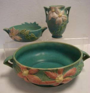 Two ROSEVILLE CLEMATIS Bowls and Vase:: Two ROSEVILLE CLEMATIS Bowls and Vase: Double Handled Bowl w/Blooms on Forest Green Background. Small Nick on Tip of Flower, #456-6". Pink Blooms on Textured Background of Forest Green, #459-10".