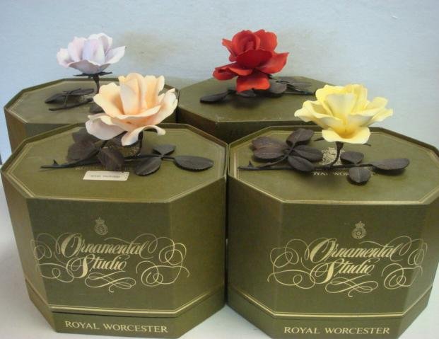 Four ROYAL WORCESTER Porcelain and Bronze Roses:: Four ROYAL WORCESTER Porcelain and Bronze Roses: Ornamental Studio Porcelain Roses with Bronze Stems and Leaves are Approximately 4"T. All with Original Boxes. Yellow Princess Margaret, Lavender Royal