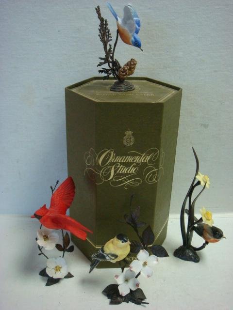 Four ROYAL WORCESTER Porcelain/Bronze Birds & Flowers:: Four ROYAL WORCESTER Porcelain/Bronze Birds & Flowers: Ornamental Studio Porcelain Birds and Flowers on Bronze Stems and Leaves. Original Boxes. Edition of 9800. Cardinal with Hawthorne, Goldfinch wit