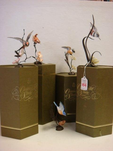 Five ROYAL WORCESTER Porcelain/Bronze Birds & Flowers:: Five ROYAL WORCESTER Porcelain/Bronze Birds & Flowers: Ornamental Studio Porcelain Birds and Flowers on Bronze Stems and Leaves. Original Boxes. All Edition of 9800. Wren on Blackberry Blooms, Chickad